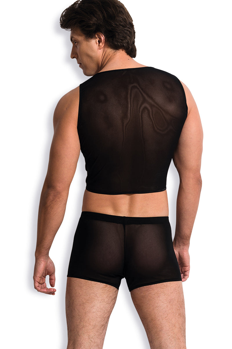 2pcs,men’s sexy black sheer mesh T-shirt tank & boxer erotic