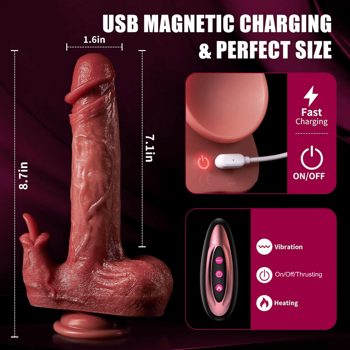 Realistic Heated Silicone Thrustin Dildo Vibrator (8.7inch/22cm)