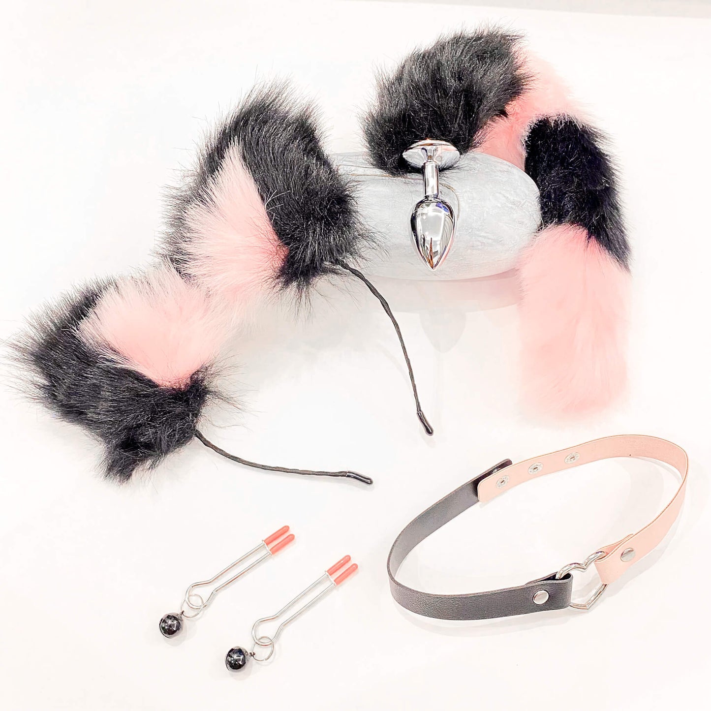 Sexy Fox Tail Butt Plug, Collar, Nipple Clamp and Ears Set