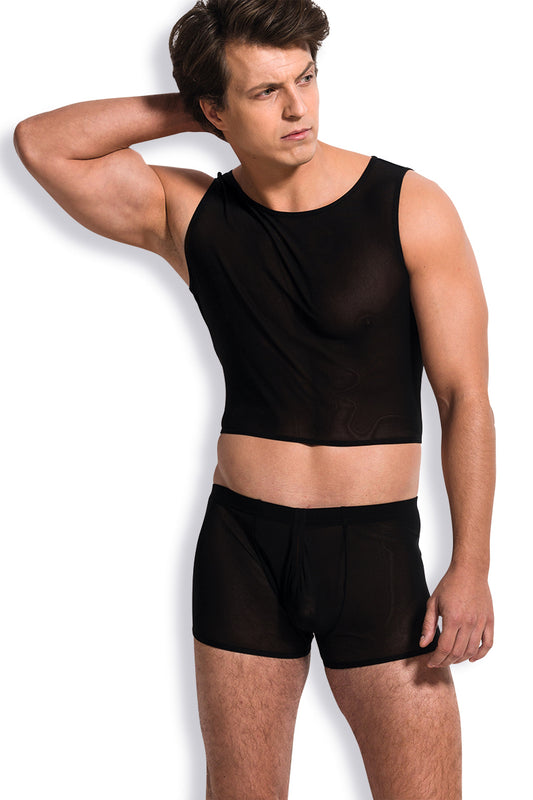 2pcs,men’s sexy black sheer mesh T-shirt tank & boxer erotic